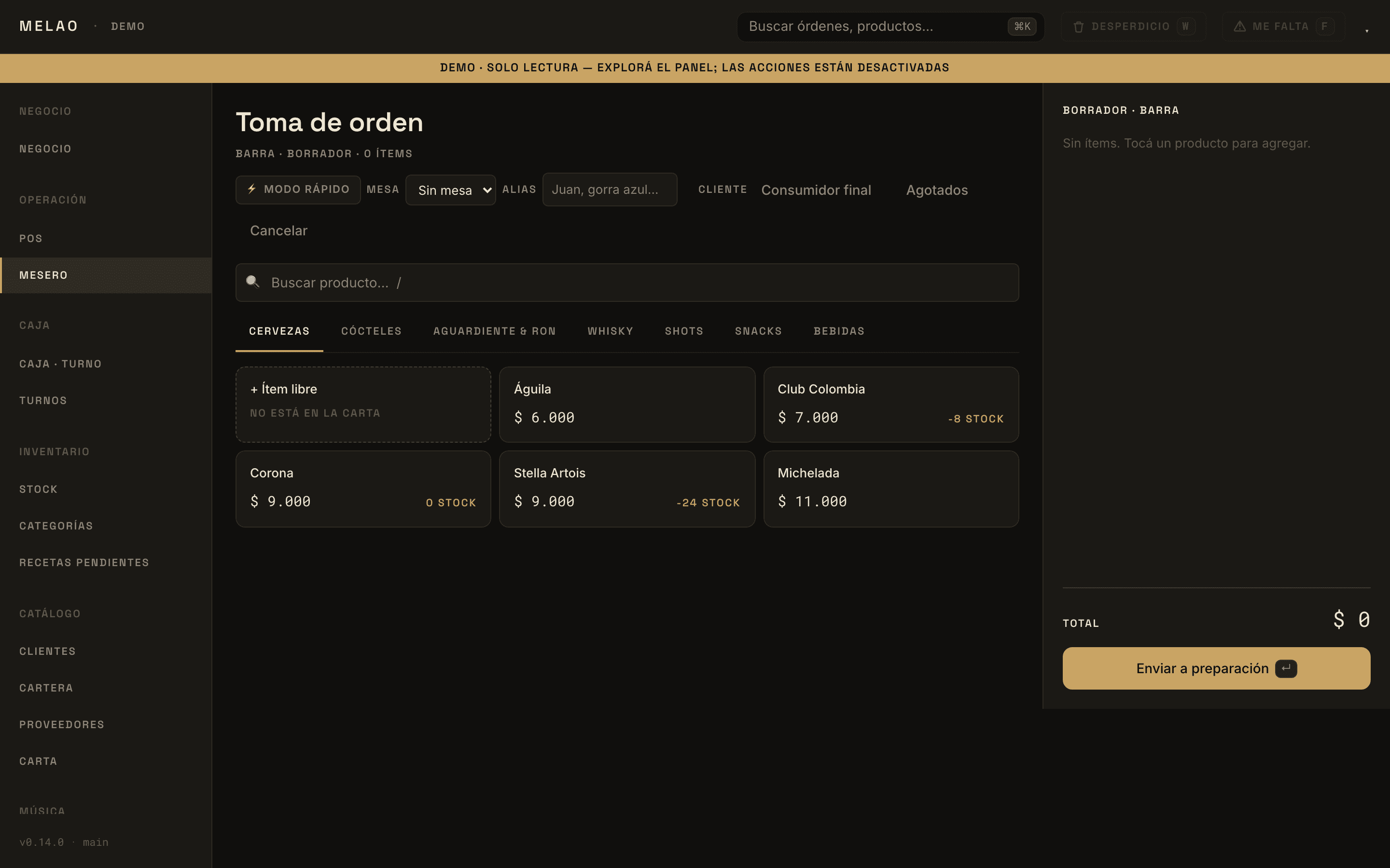 Panel de toma de orden de Melao con la carta al frente