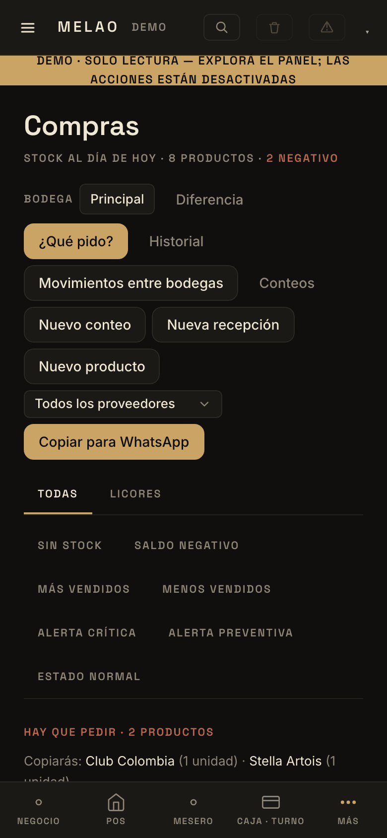 Panel de inventario con estados de stock