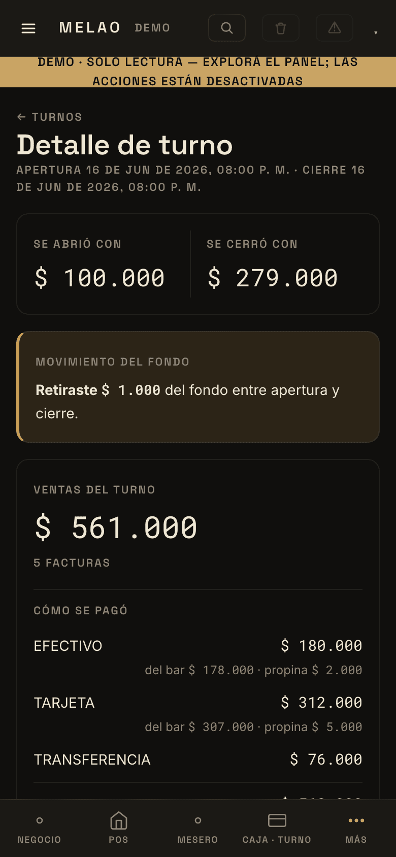 Detalle de cierre de turno con esperado contra contado